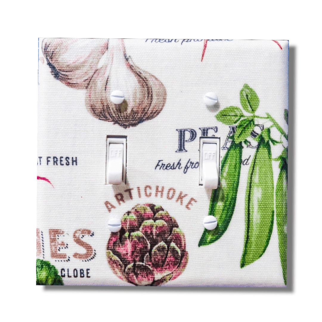White Vintage Harvest Vegetables Fabric Light Switch | Wall Plate | Outlet Covers | Toggle | Switchplate - Kustom Kreationz by Kila