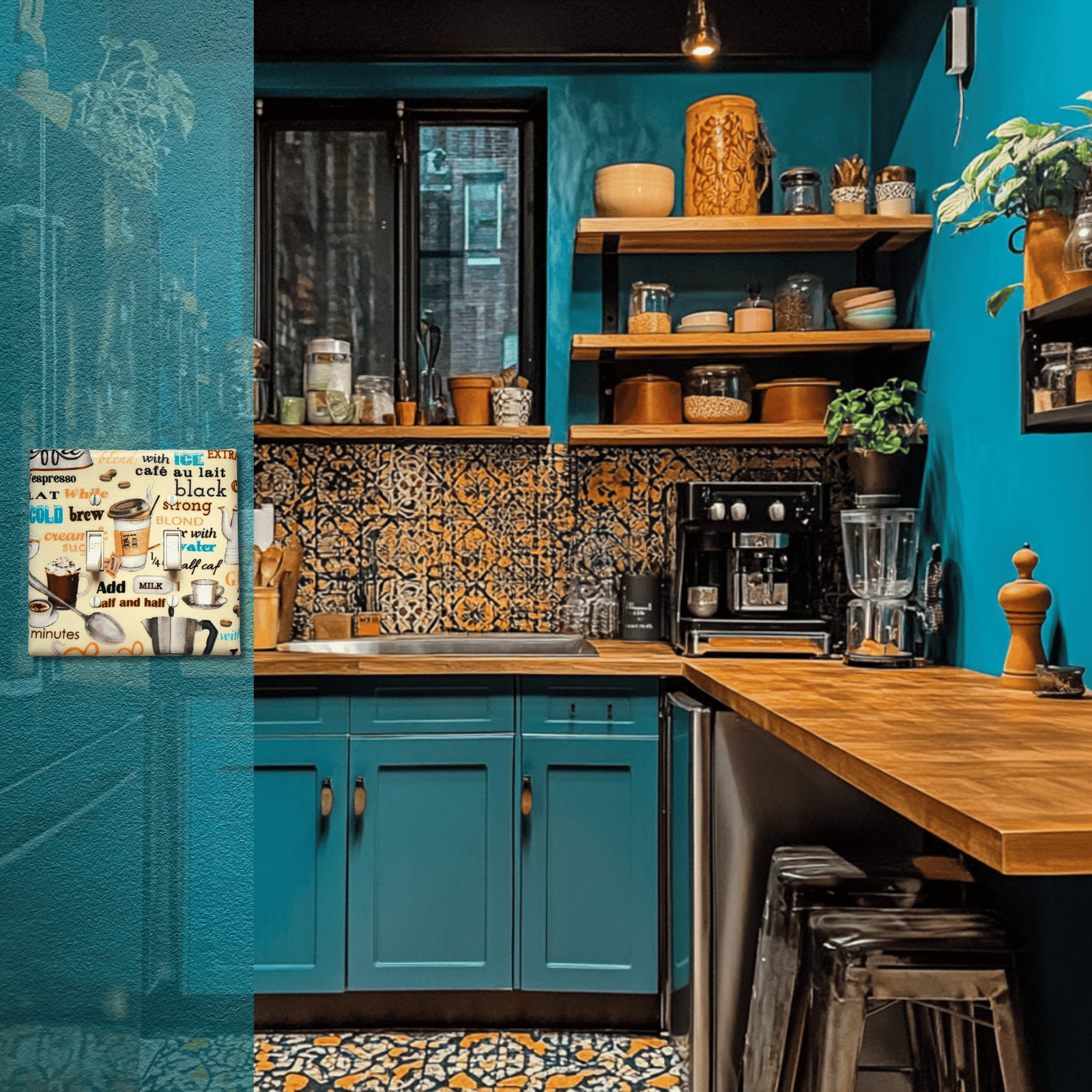  Handmade light switch cover with kente-inspired geometric patterns in forest green, red-orange, golden yellow, black, and cream featuring stepped triangles, diagonal stripes, and interlocking shapes for cultural heritage home décor