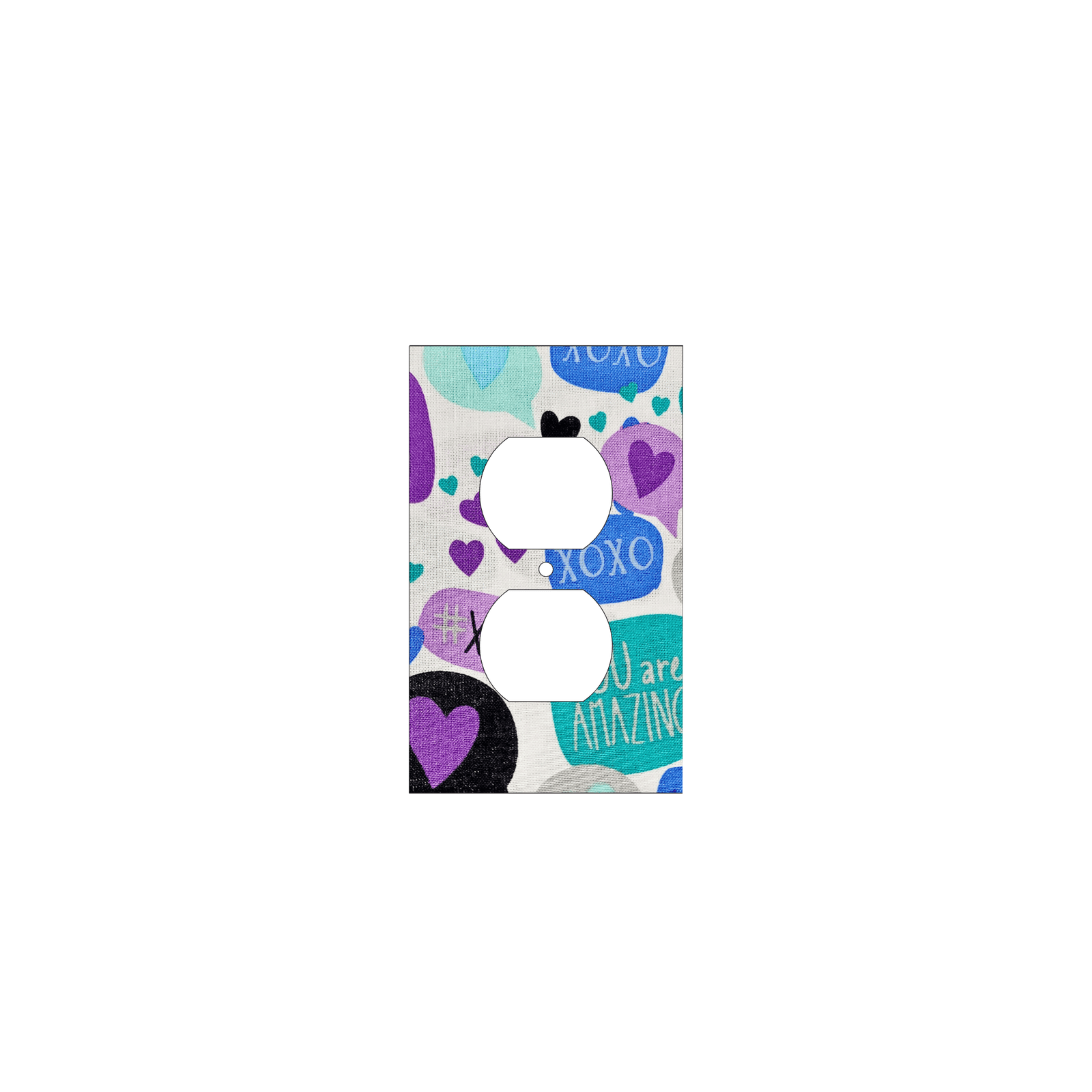 Decorative light switch cover with blue and purple hearts, speech bubbles, and 'You are Amazing' text on a white background.