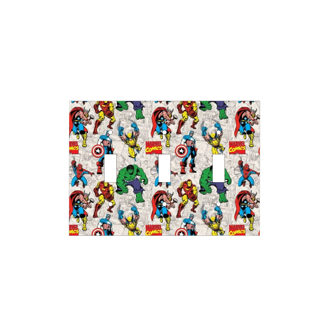 Handmade Marvel Heroes Legacy decorative light switch cover featuring Thor, Iron Man, Captain America, Hulk, Spider-Man, and Wolverine on gray comic panel background—officially licensed Marvel switch plates from Black-owned home décor.