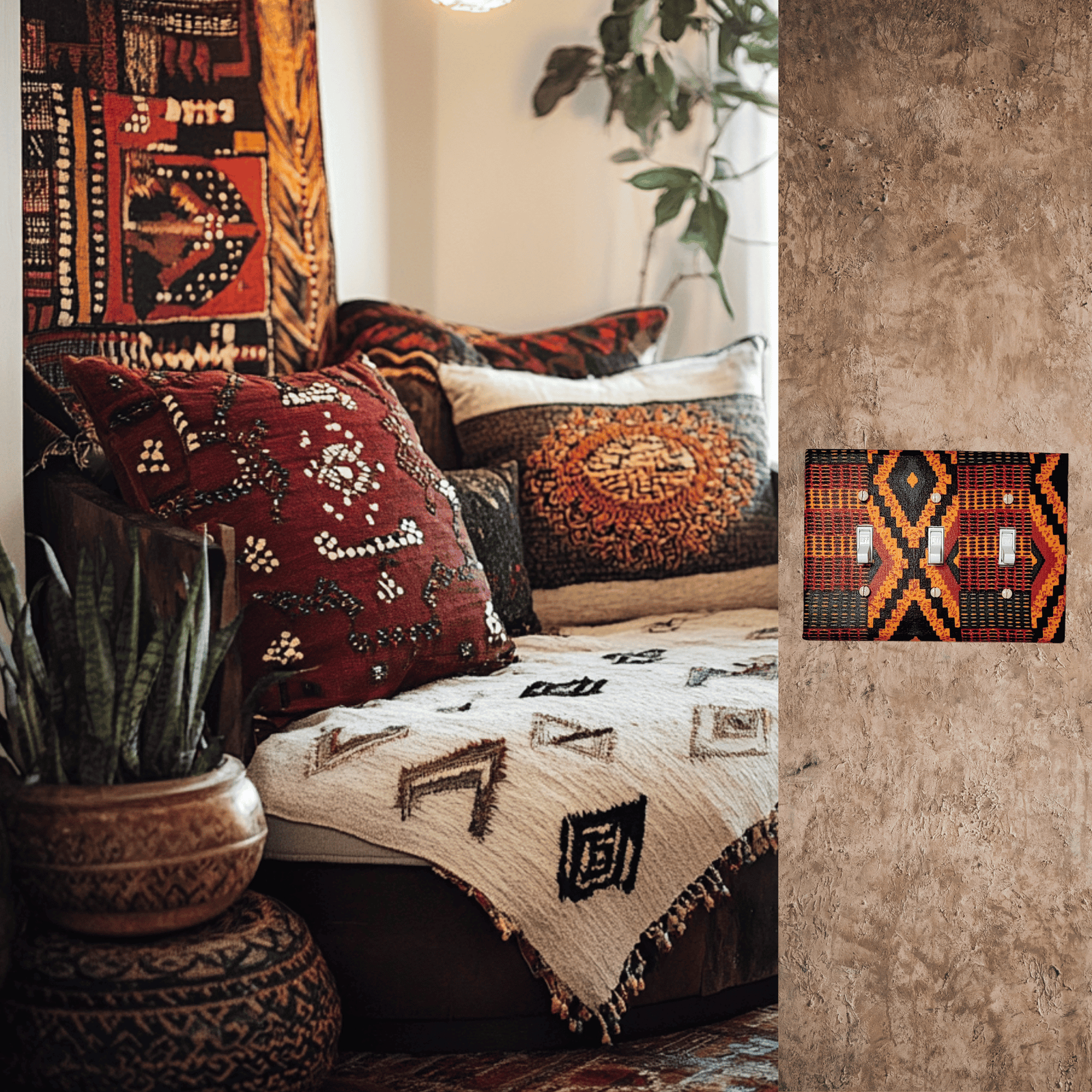 Handmade toggle light switch cover featuring authentic Ghanaian kente cloth pattern with geometric designs in vibrant orange, black, forest green, and coral showcasing traditional African textile weaving for cultural heritage home décor