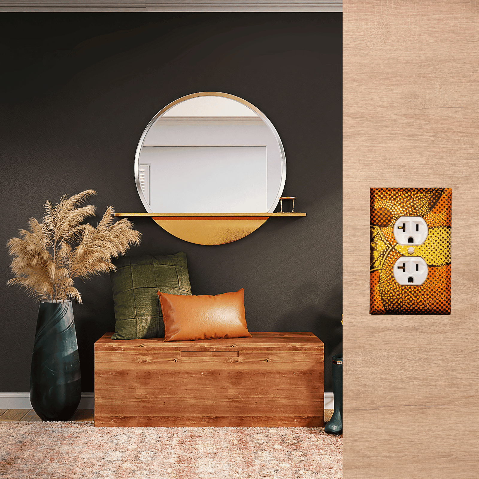 Handmade single outlet light switch cover with intricate dot pattern in golden honey, burnt orange, cream, and black creating curved pathways for sophisticated earth-tone home décor