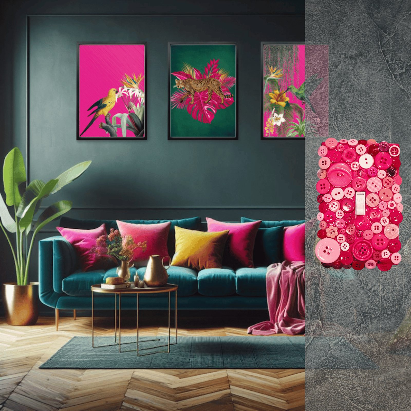 Cotton candy button mosaic handmade switch cover with translucent and opaque vintage buttons in baby pink, hot pink, fuchsia and blush tones, handmade by Black-owned Kustom Kreationz by Kila