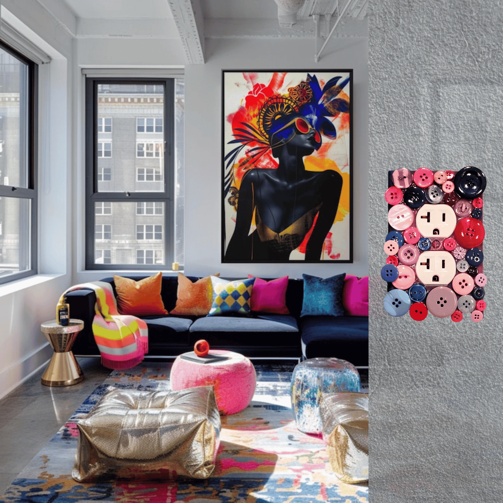 Berry sorbet button treasure vintage switch plate with glossy and matte buttons in hot pink, lavender, navy blue, burgundy and purple tones, handmade by Black-owned Kustom Kreationz by Kila