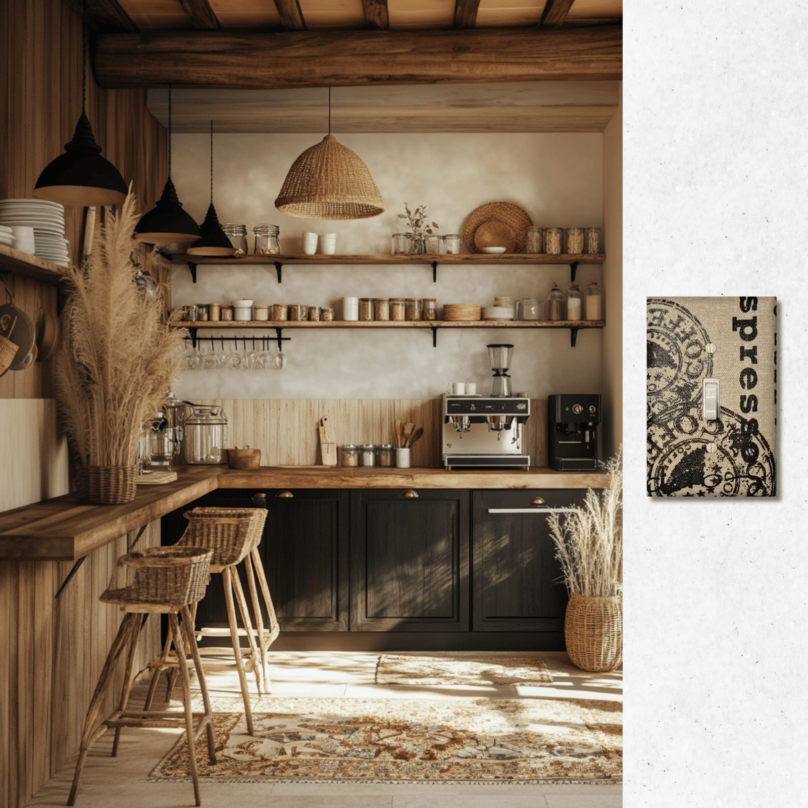 Handmade light switch cover with vintage café postcard design featuring coffee stamps, French typography, and coffee bean motifs in cream and brown for farmhouse kitchen charm