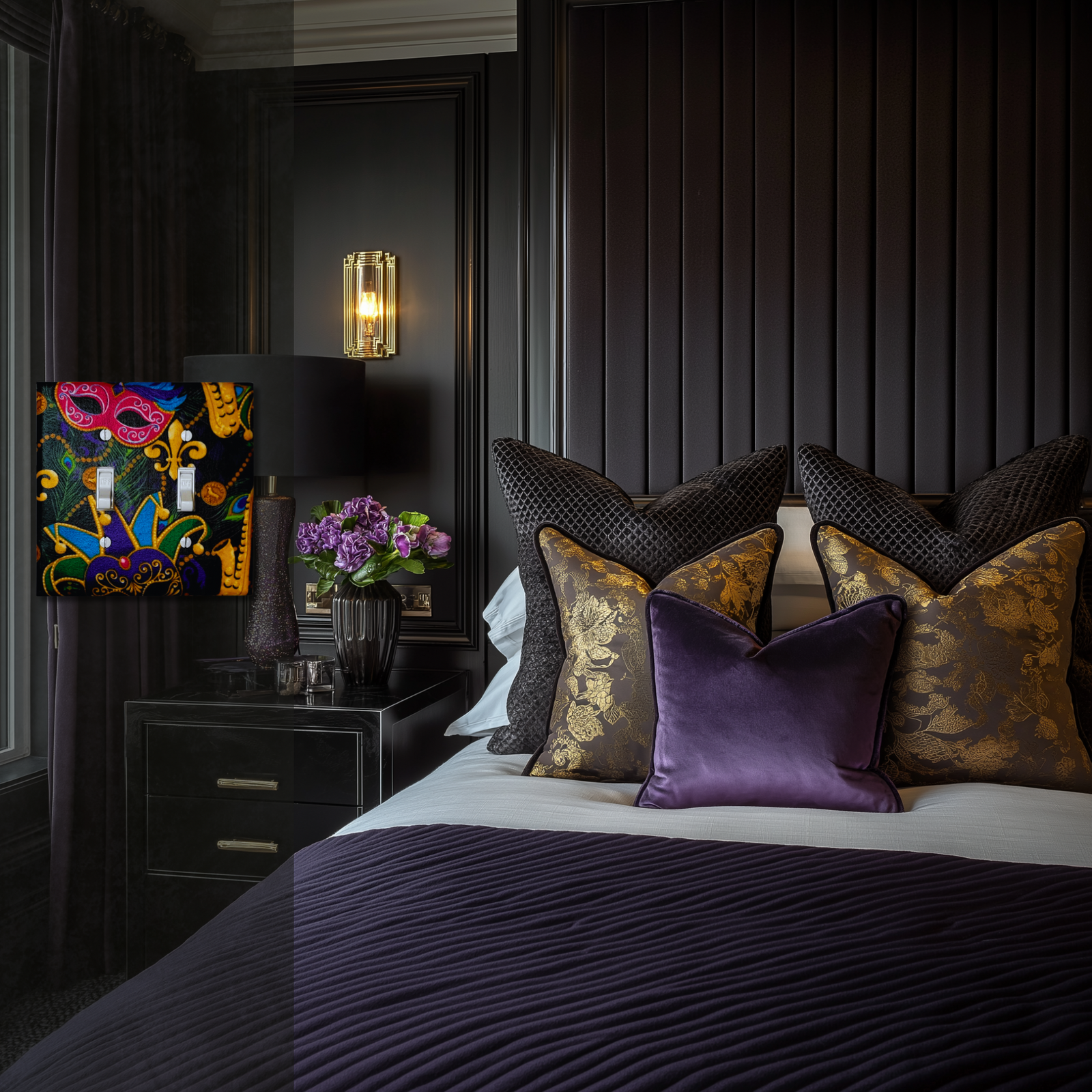 Handmade Mardi Gras Masquerade decorative light switch plate featuring ornate purple mask, fleur-de-lis, saxophone, and beads in purple, green, and gold—New Orleans switch plates from Black-owned home décor.