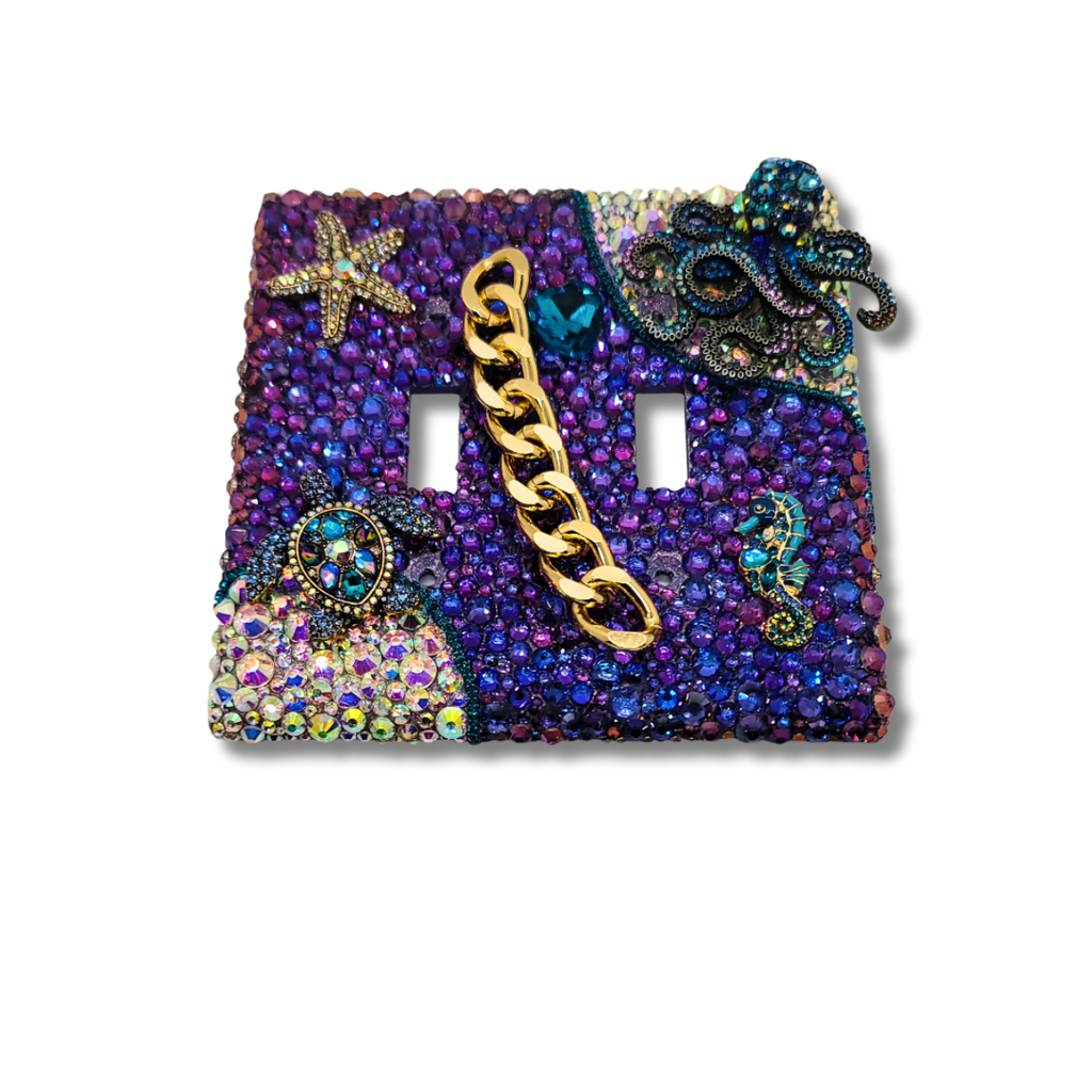 Luxury Purple Seascape Switch Cover | Handmade Rhinestone Wall Art