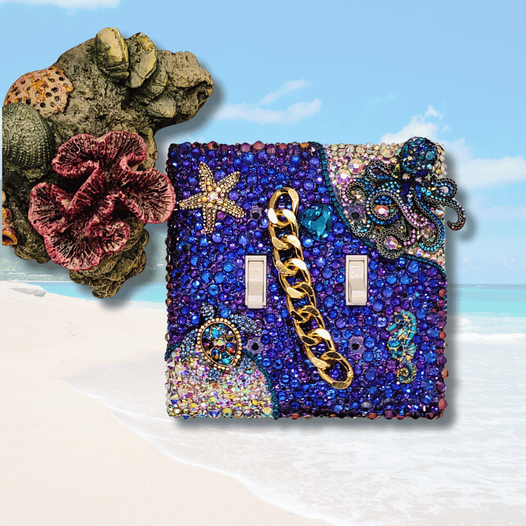 Luxury Purple Seascape Switch Cover | Handmade Rhinestone Wall Art