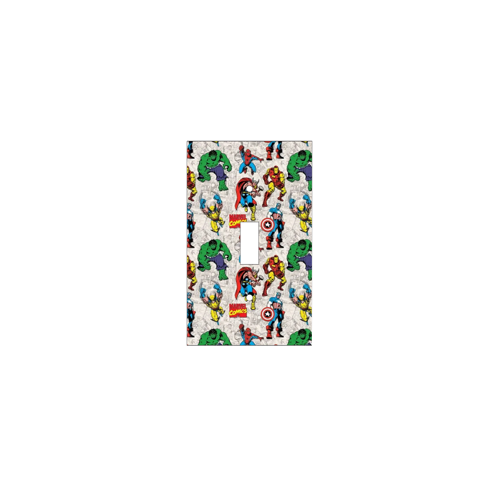 Handmade Marvel Heroes Legacy decorative light switch cover featuring Thor, Iron Man, Captain America, Hulk, Spider-Man, and Wolverine on gray comic panel background—officially licensed Marvel switch plates from Black-owned home décor.