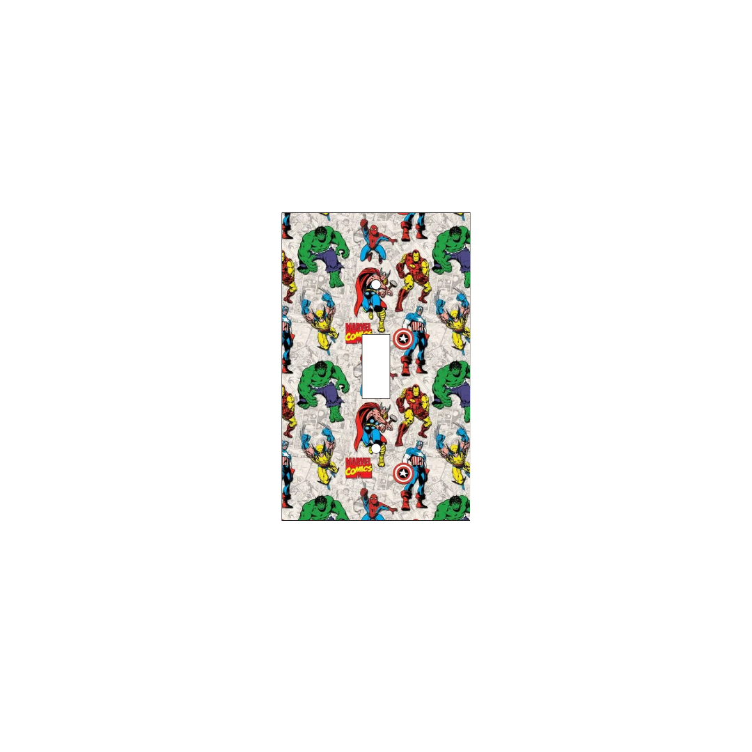 Handmade Marvel Heroes Legacy decorative light switch cover featuring Thor, Iron Man, Captain America, Hulk, Spider-Man, and Wolverine on gray comic panel background—officially licensed Marvel switch plates from Black-owned home décor.