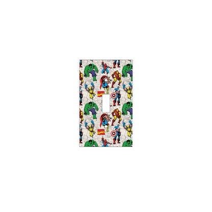 Handmade Marvel Heroes Legacy decorative light switch cover featuring Thor, Iron Man, Captain America, Hulk, Spider-Man, and Wolverine on gray comic panel background—officially licensed Marvel switch plates from Black-owned home décor.