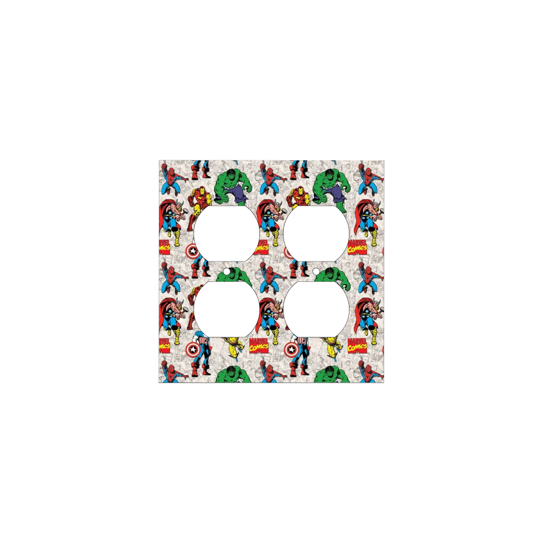 Handmade Marvel Heroes Legacy decorative light switch cover featuring Thor, Iron Man, Captain America, Hulk, Spider-Man, and Wolverine on gray comic panel background—officially licensed Marvel switch plates from Black-owned home décor.