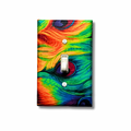 Handmade Royal Jewel Peacock Pride decorative light switch cover featuring iridescent peacock feathers in sapphire blue, emerald green, and ruby red jewel tones—luxury bohemian switch plates from Black-owned home décor.