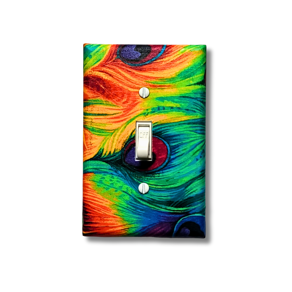 Handmade Royal Jewel Peacock Pride decorative light switch cover featuring iridescent peacock feathers in sapphire blue, emerald green, and ruby red jewel tones—luxury bohemian switch plates from Black-owned home décor.
