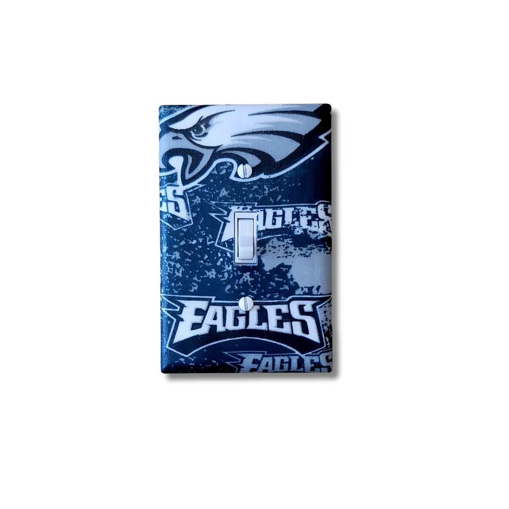 Handmade Philadelphia Eagles Flight Nation decorative light switch cover featuring Eagles logo and text in midnight green and white on distressed background—officially licensed NFL switch plates from Black-owned home décor.