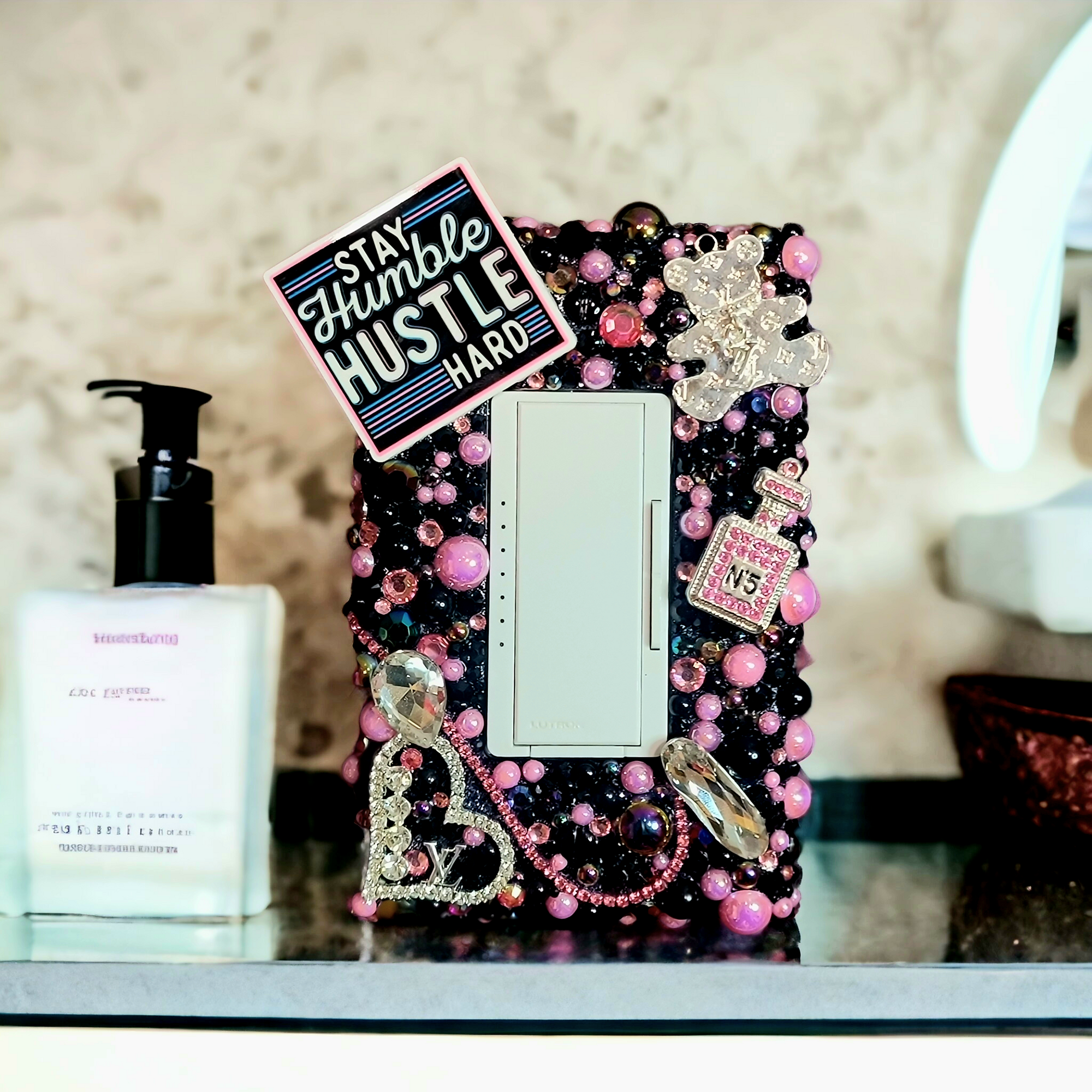 Black & Pink Glamour Luxe | Rhinestones Light Switch Cover - Kustom Kreationz by Kila