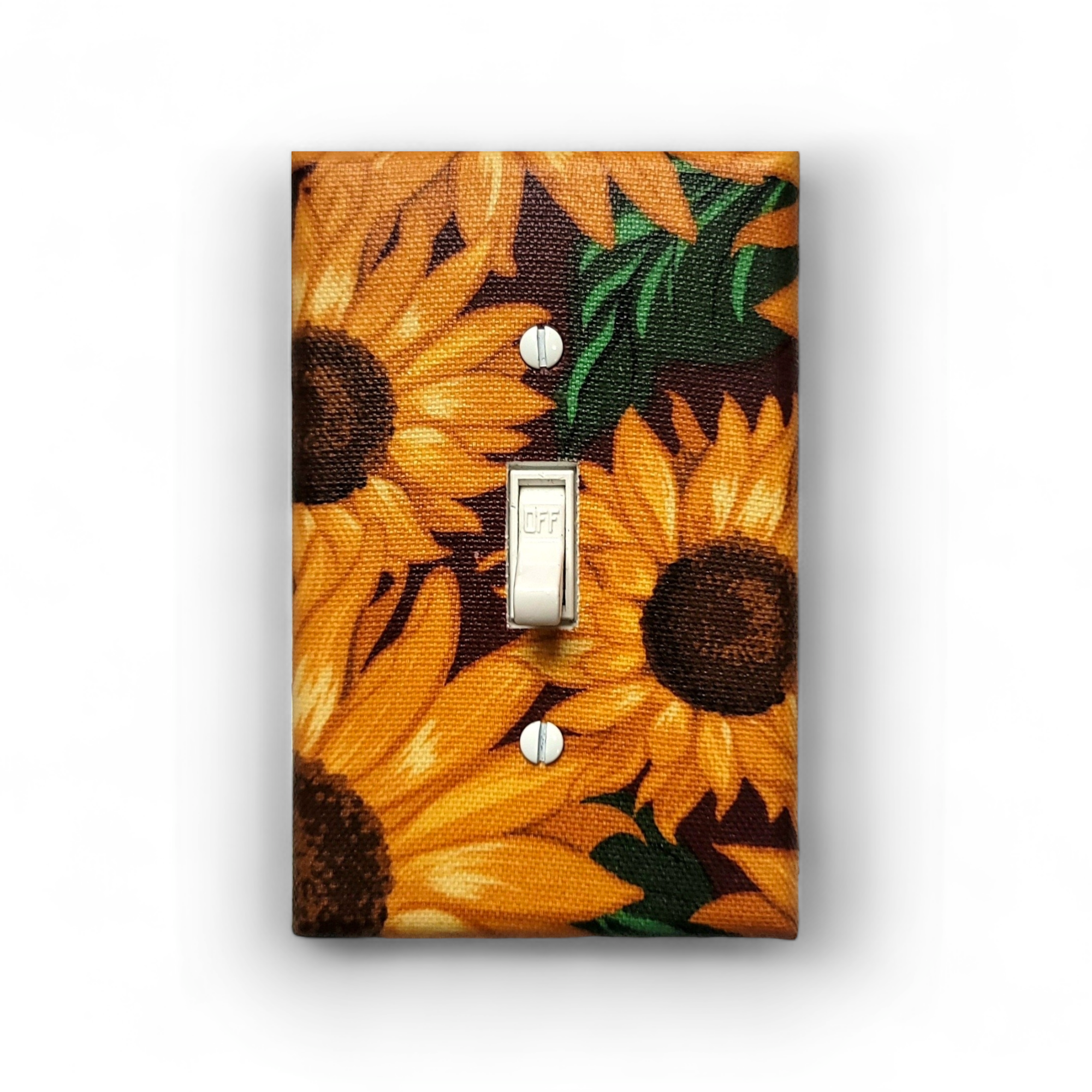 Handmade Luxe Sunflower Harvest decorative light switch plate featuring multiple golden sunflowers on deep wine red burgundy background—farmhouse botanical switch plates from Black-owned home décor.