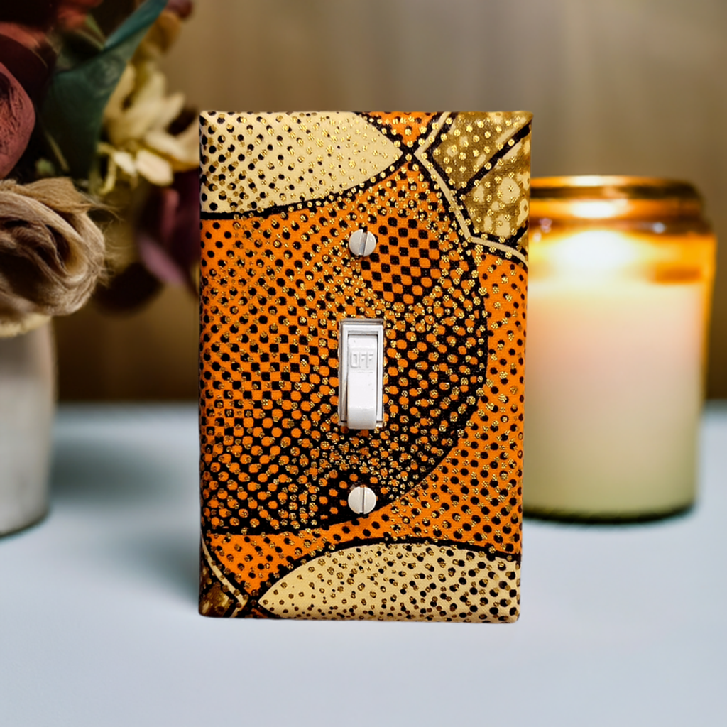 Single Light switch Cover with Orange Beige Brown Fabric with Gold and Brown Dots Kustom Kreationz by Kila
