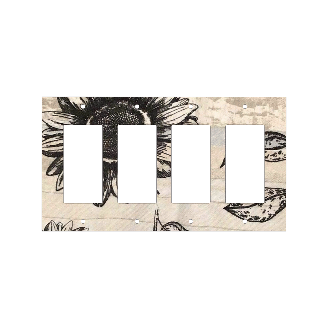 Handmade decorative light switch cover with bold black sunflowers on rustic beige woodgrain fabric, perfect for farmhouse and boho home décor