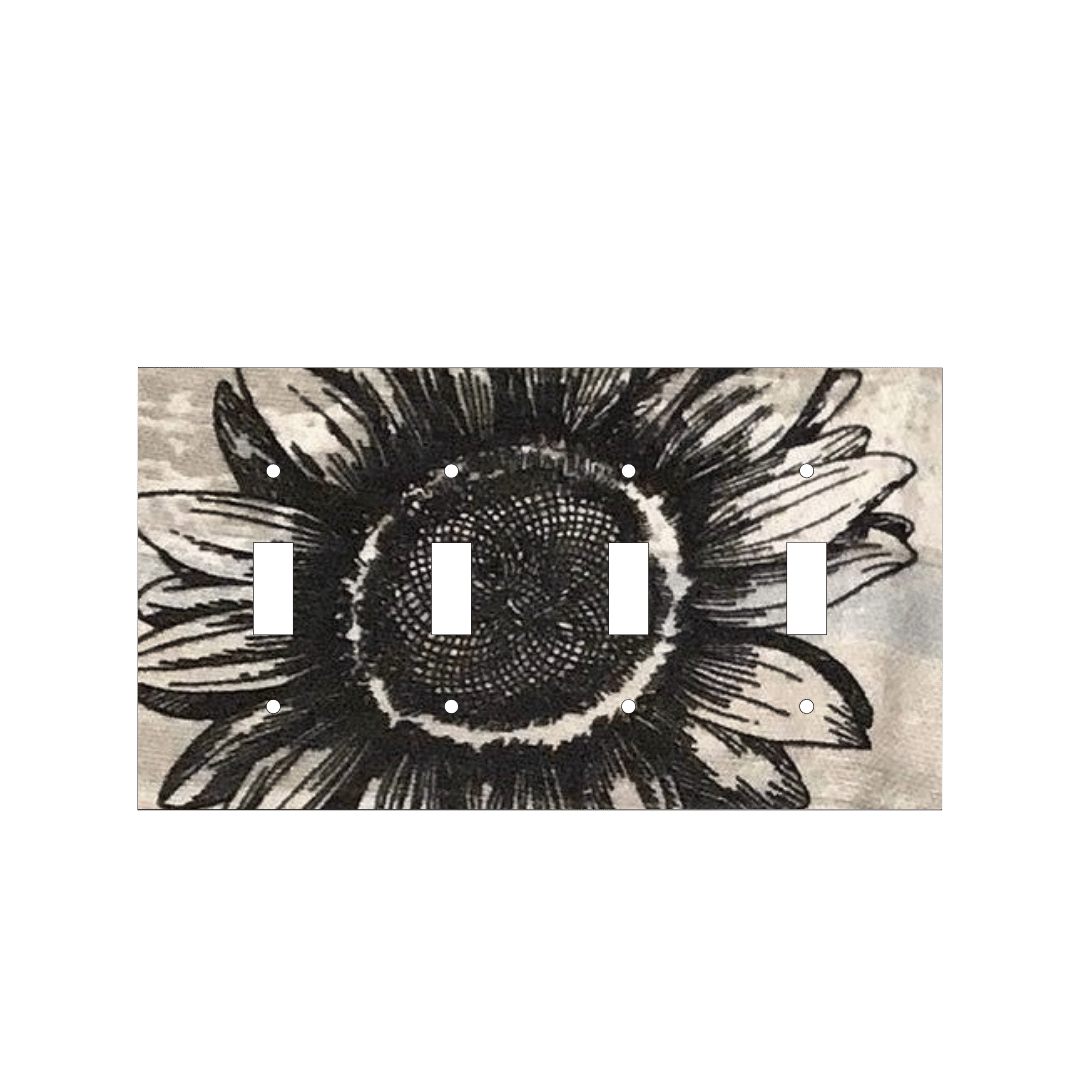 Handmade decorative light switch cover with bold black sunflowers on rustic beige woodgrain fabric, perfect for farmhouse and boho home décor