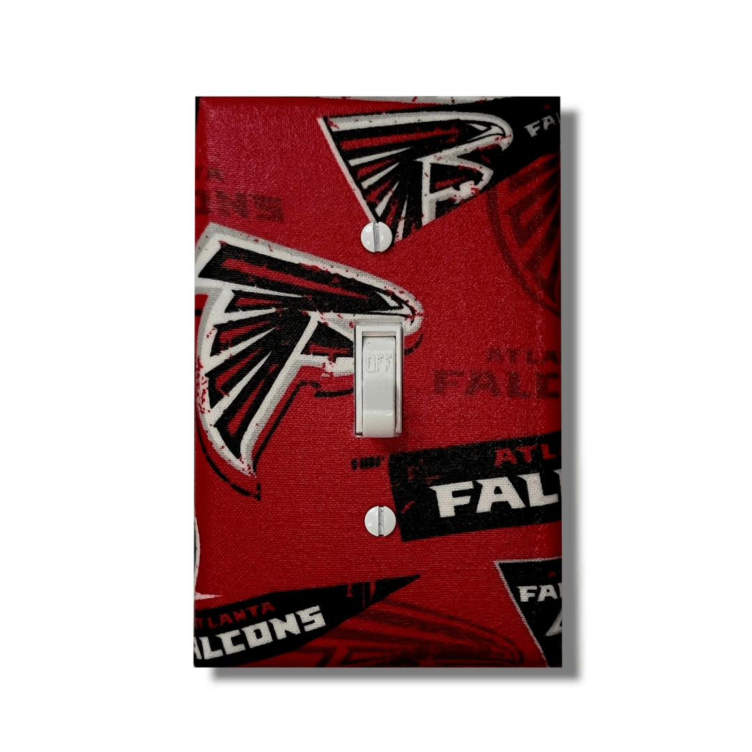 Handmade Atlanta Brotherhood Red Zone decorative light switch cover featuring Atlanta Falcons logo in black, red, and silver—officially licensed NFL switch plates from Black-owned home décor.
