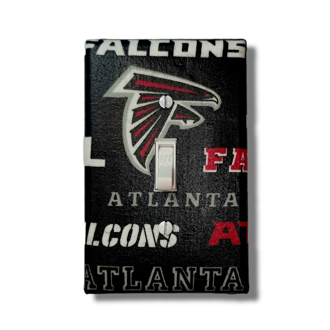 Handmade Dirty Birds Rise Up decorative light switch cover featuring Atlanta Falcons logo in red, black, and silver—officially licensed NFL switch plates from Black-owned home décor.