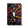 Handmade Color Outside the Lines Crayon Craft decorative light switch cover featuring scattered colorful crayons on black background—art room switch plates from Black-owned home décor.