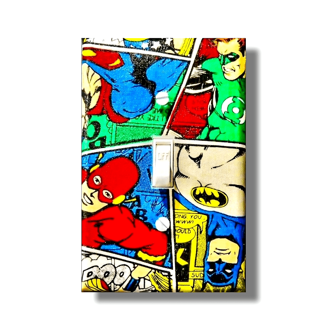 Handmade DC Universe Superhero Squad decorative light switch cover featuring Batman, Flash, Green Lantern, and Superman in comic book panel style—officially licensed DC Comics switch plates from Black-owned home décor.
