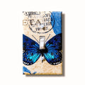 Decorative light switch covers with blue and green butterflies on vintage postage stamps, handmade Black-owned home décor, unique pieces cut from continuous fabric