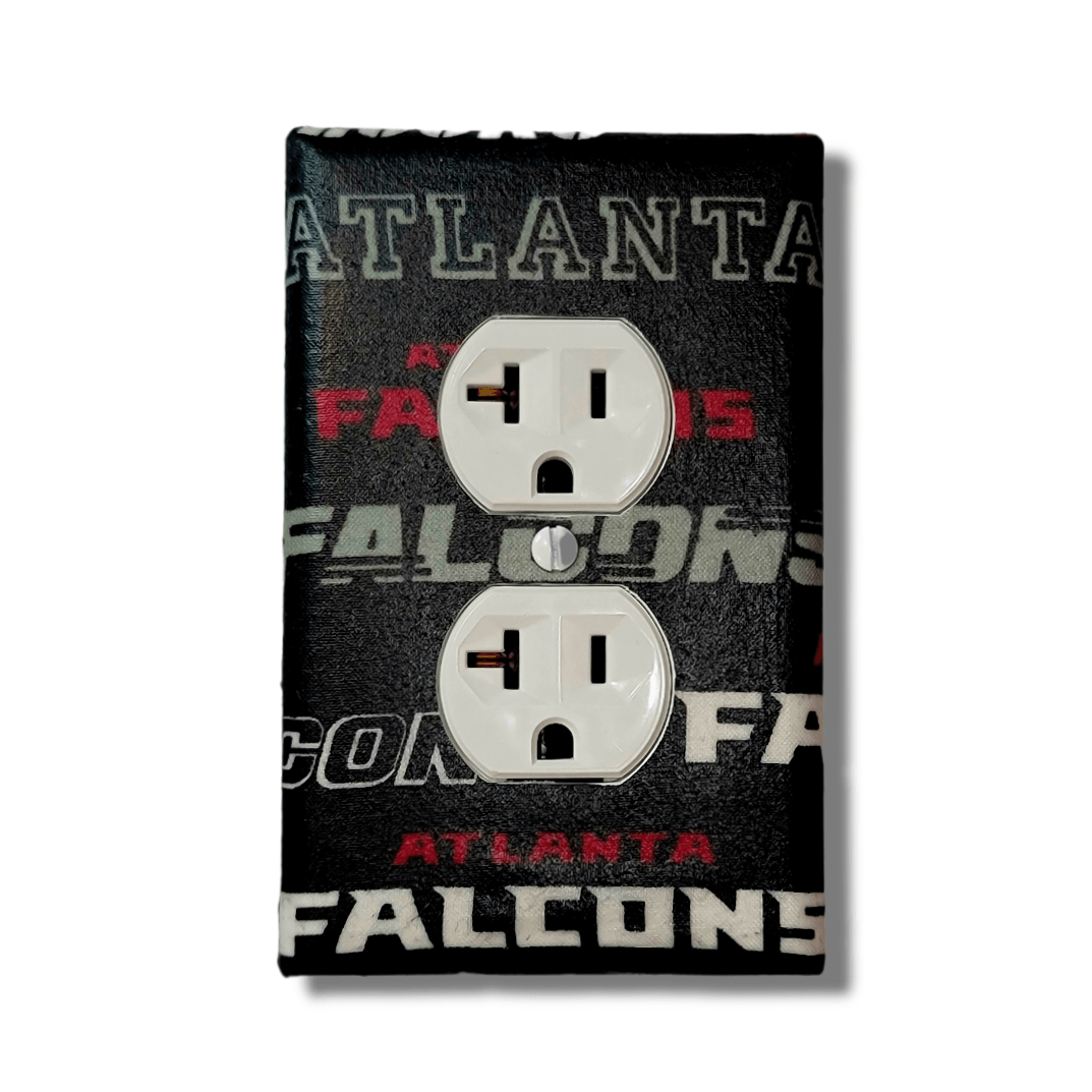 Handmade Dirty Birds Rise Up decorative light switch cover featuring Atlanta Falcons logo in red, black, and silver—officially licensed NFL switch plates from Black-owned home décor.