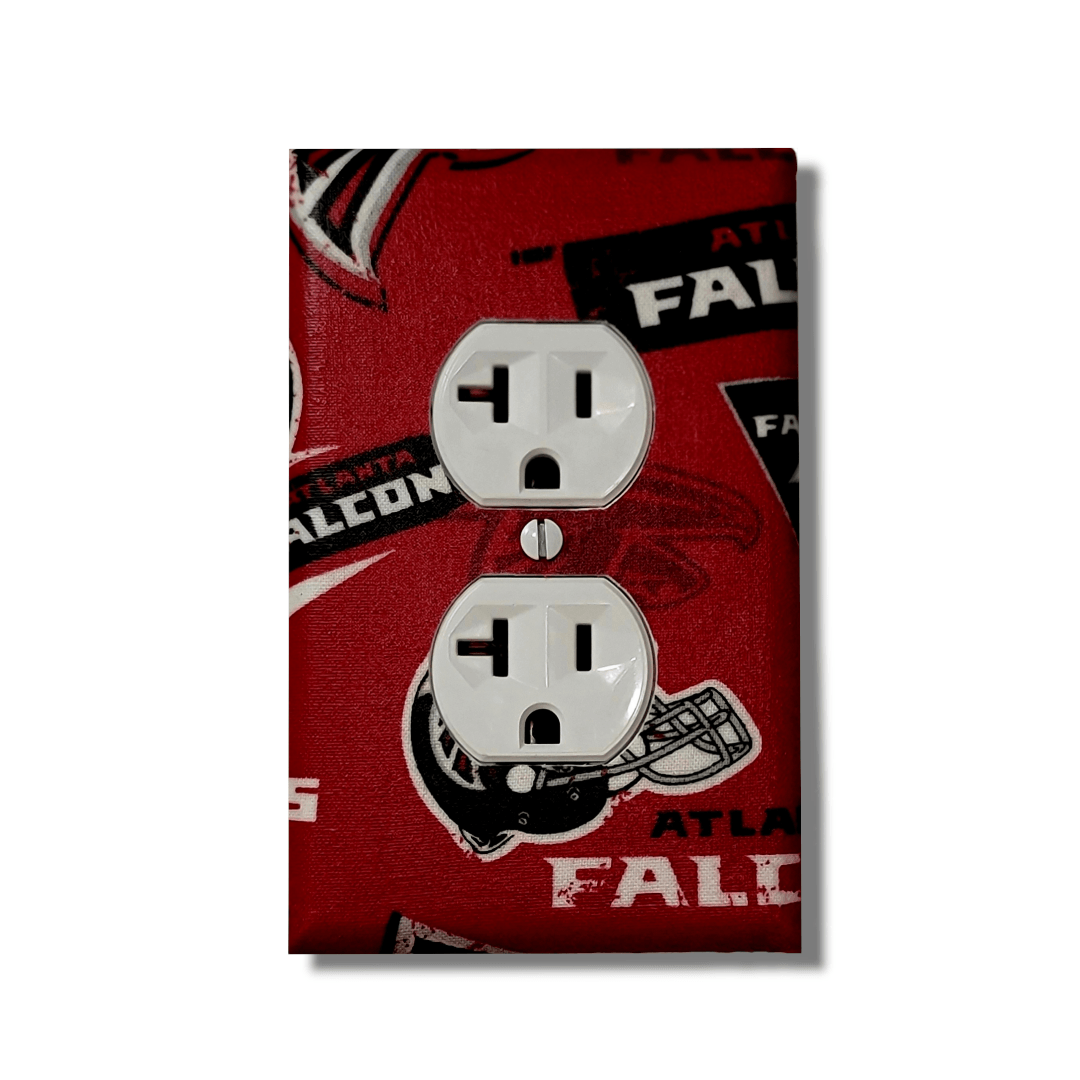Handmade Atlanta Brotherhood Red Zone decorative light switch cover featuring Atlanta Falcons logo in black, red, and silver—officially licensed NFL switch plates from Black-owned home décor.
