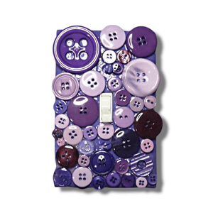 Purple rain button treasure vintage switch plate with glossy and patterned buttons in eggplant, royal purple, lavender and mauve tones, handmade by Black-owned Kustom Kreationz by Kila