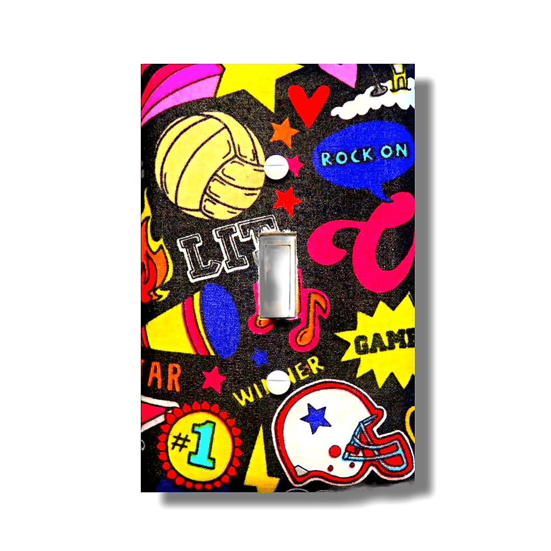 Handmade Rock On Victory Sports decorative light switch cover featuring neon graffiti style with football helmet, volleyball, #1 badge, and "ROCK ON" text on black background—athletic switch plates from Black-owned home décor.