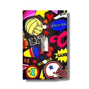 Handmade Rock On Victory Sports decorative light switch cover featuring neon graffiti style with football helmet, volleyball, #1 badge, and "ROCK ON" text on black background—athletic switch plates from Black-owned home décor.