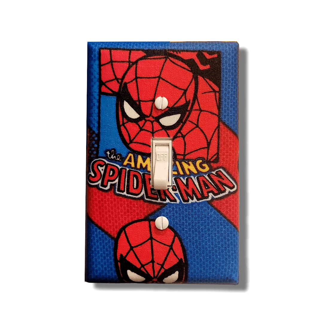 Handmade The Amazing Spider-Man decorative light switch cover featuring Spider-Man mask with web pattern in red and blue—officially licensed Marvel switch plates from Black-owned home décor.