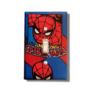Handmade The Amazing Spider-Man decorative light switch cover featuring Spider-Man mask with web pattern in red and blue—officially licensed Marvel switch plates from Black-owned home décor.