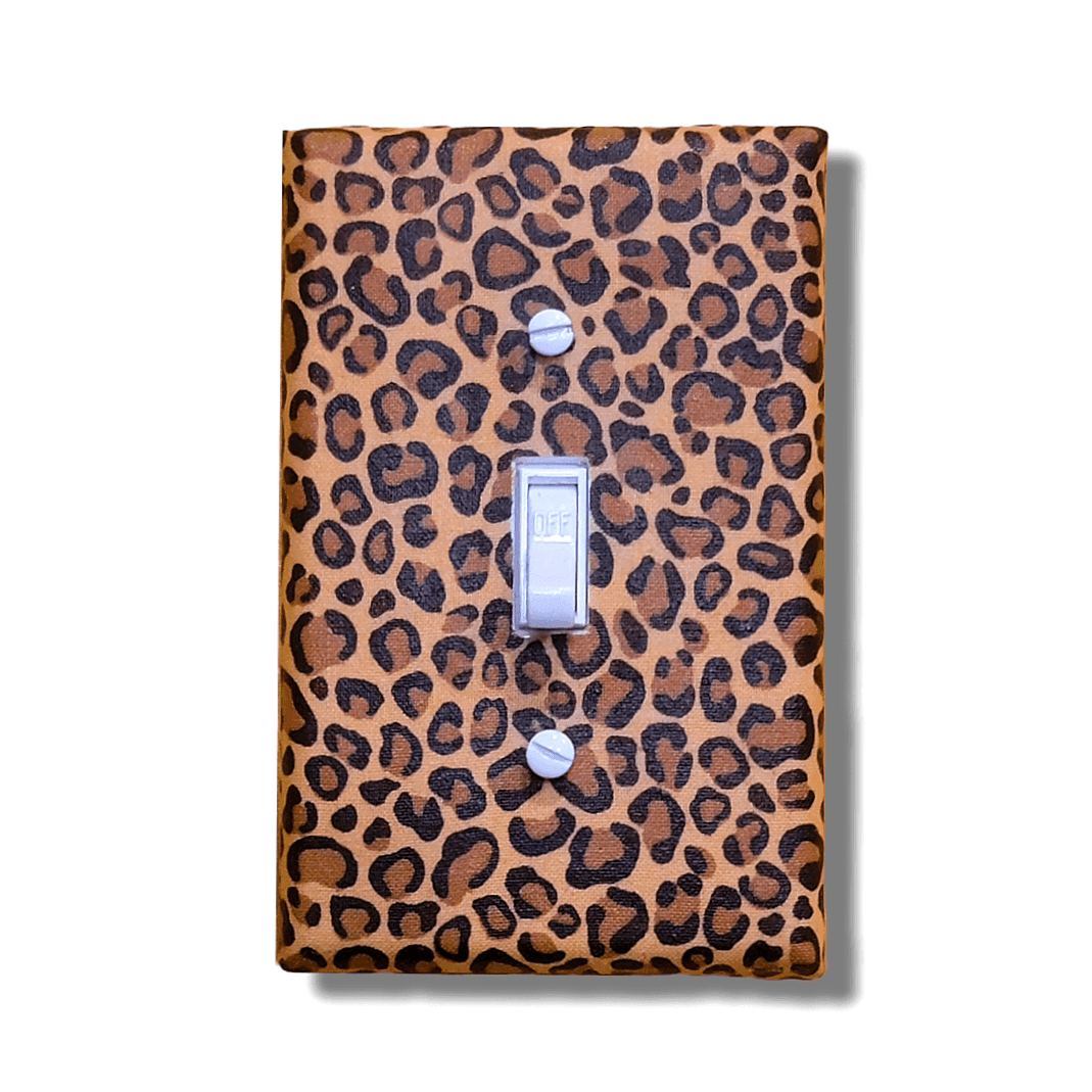 Handmade single rocker light switch cover with sophisticated leopard print pattern in golden-tan and chocolate-brown rosettes for bold elegant animal print home décor