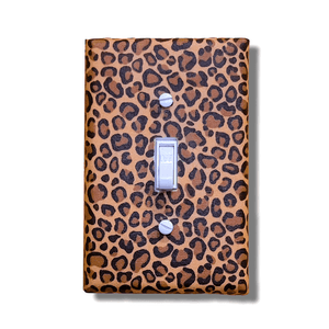 Handmade single rocker light switch cover with sophisticated leopard print pattern in golden-tan and chocolate-brown rosettes for bold elegant animal print home décor