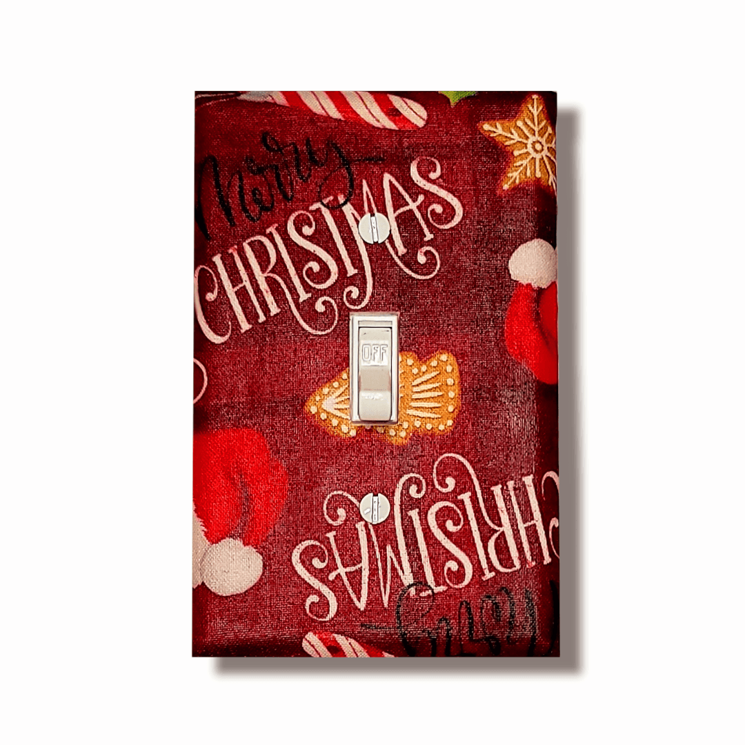 Handmade Vintage Christmas Holiday Wishes decorative light switch cover featuring Merry Christmas typography, Santa hat, and gold ornaments on deep red background—festive switch plates from Black-owned home décor.
