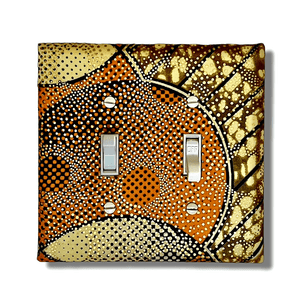 Double Light switch Cover with Orange Beige Brown Fabric with Gold and Brown Dots - Kustom Kreationz by Kila