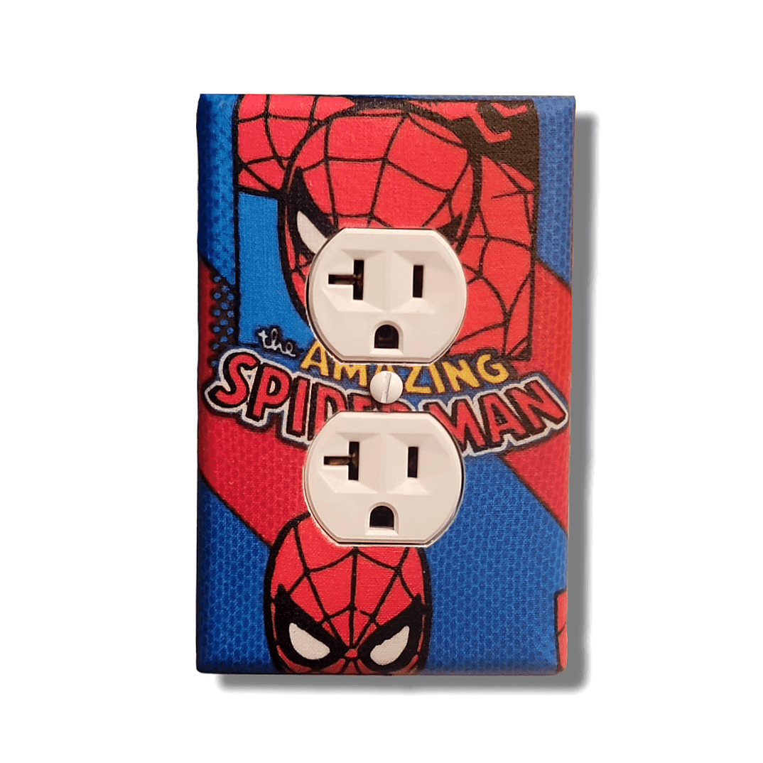 Handmade The Amazing Spider-Man decorative light switch cover featuring Spider-Man mask with web pattern in red and blue—officially licensed Marvel switch plates from Black-owned home décor.
