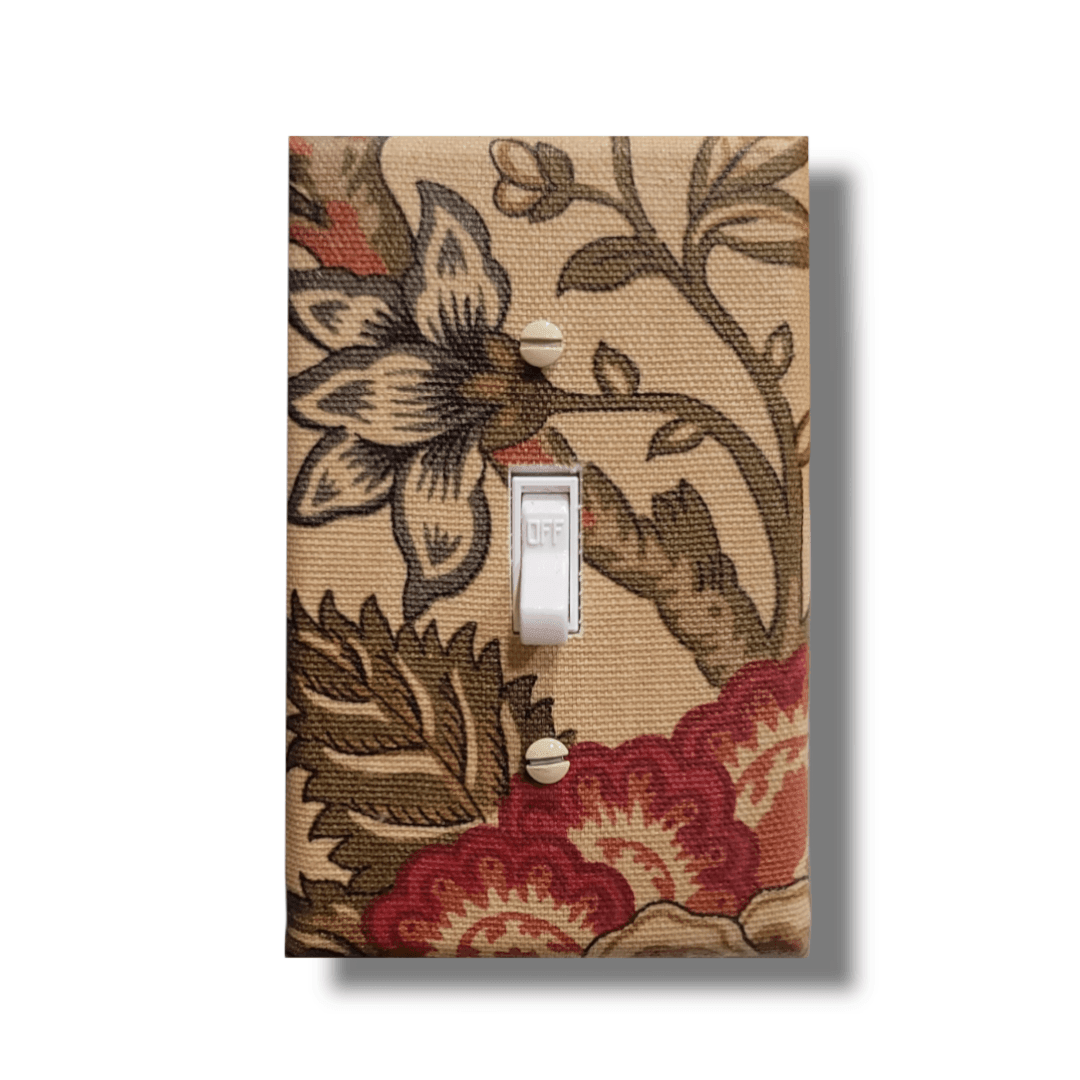French country floral fabric switch plate with hand-drawn coral and burgundy blooms and black botanical line art on natural linen background, handmade by Black-owned Kustom Kreationz by Kila