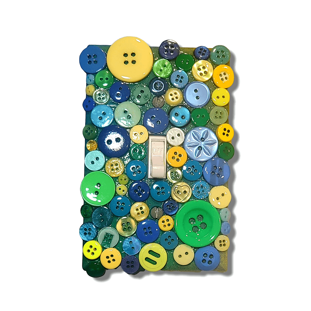 Ocean garden button treasure vintage switch plate with glossy and matte buttons in navy blue, sky blue, emerald green, lime green and golden yellow tones, handmade by Black-owned Kustom Kreationz by Kila