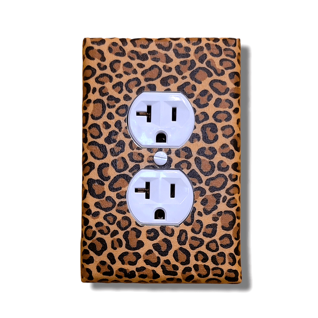 Handmade single rocker light switch cover with sophisticated leopard print pattern in golden-tan and chocolate-brown rosettes for bold elegant animal print home décor