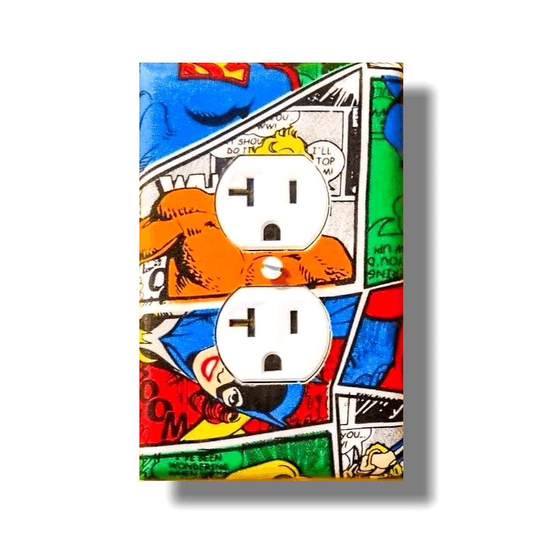 Handmade DC Universe Superhero Squad decorative light switch cover featuring Batman, Flash, Green Lantern, and Superman in comic book panel style—officially licensed DC Comics switch plates from Black-owned home décor.

