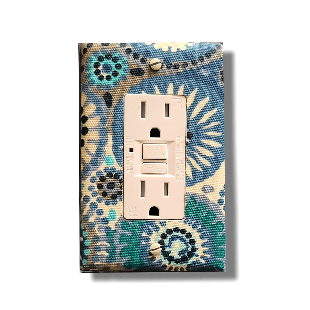 Freestyle Blue Dots, Flowers, and Circles Fabric Light Switch | Wall Plate | Outlet Covers | Toggle | Switchplate - Kustom Kreationz by Kila