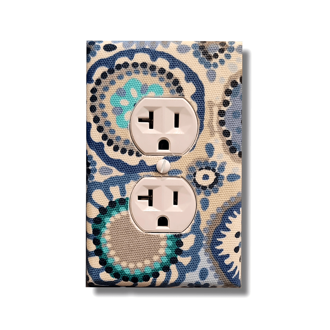 Freestyle Blue Dots, Flowers, and Circles Fabric Light Switch | Wall Plate | Outlet Covers | Toggle | Switchplate - Kustom Kreationz by Kila