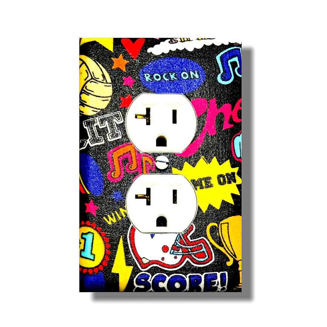 Handmade Rock On Victory Sports decorative light switch cover featuring neon graffiti style with football helmet, volleyball, #1 badge, and "ROCK ON" text on black background—athletic switch plates from Black-owned home décor.