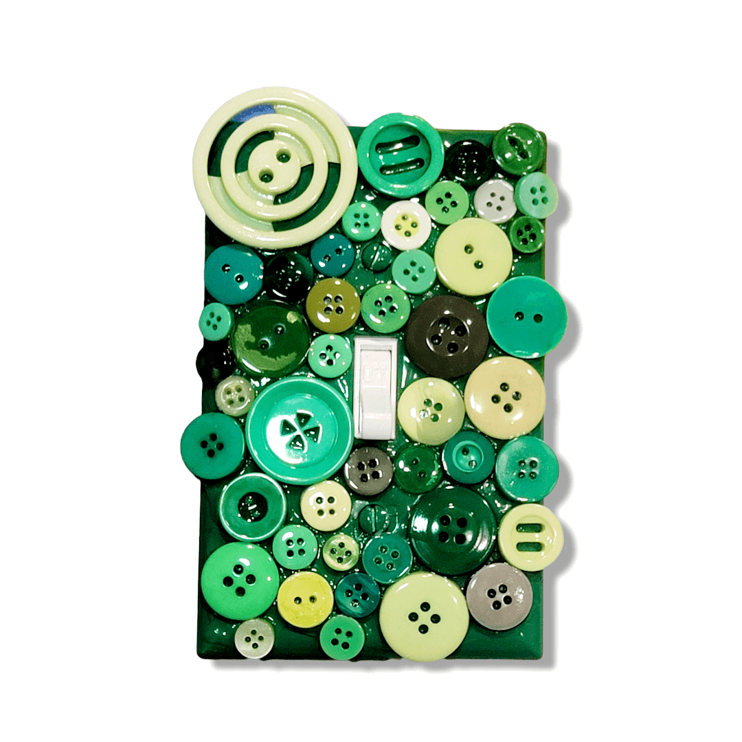 Botanical greens button mosaic handmade switch cover with glossy and matte buttons in emerald, lime, sage, mint and olive green tones, handmade by Black-owned Kustom Kreationz by Kila