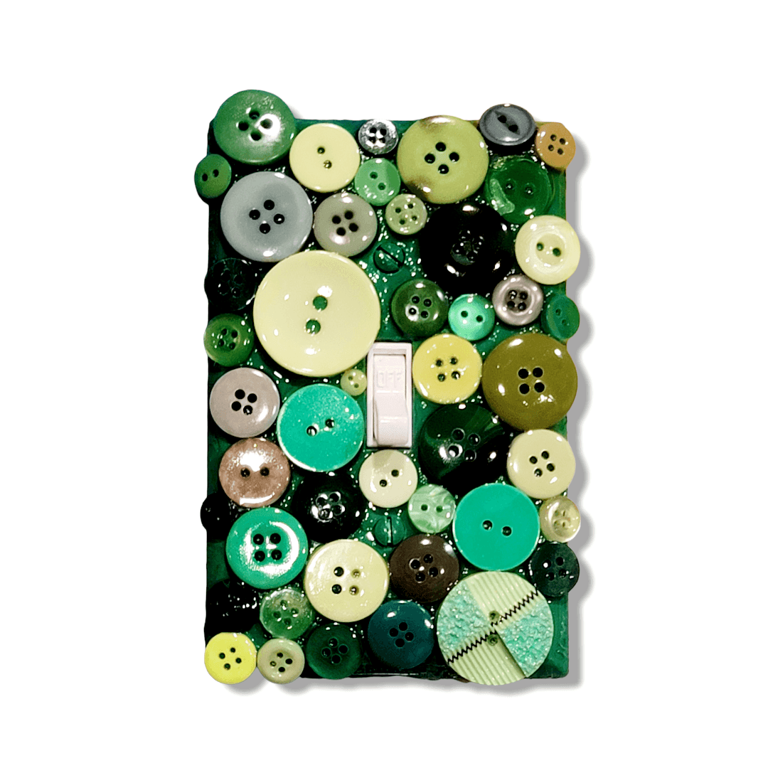 Botanical greens button mosaic handmade switch cover with glossy and matte buttons in emerald, lime, sage, mint and olive green tones, handmade by Black-owned Kustom Kreationz by Kila
